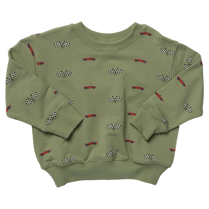 Boys olive green race car sweatshirt with long sleeves, red racing cars, checkered flags, and ribbed trim.