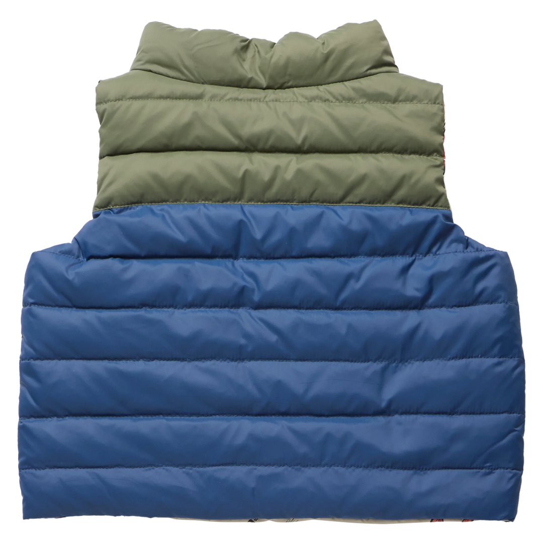 Back view of Boys Reversible Riley Vest Space Rocket in blue and green color block design