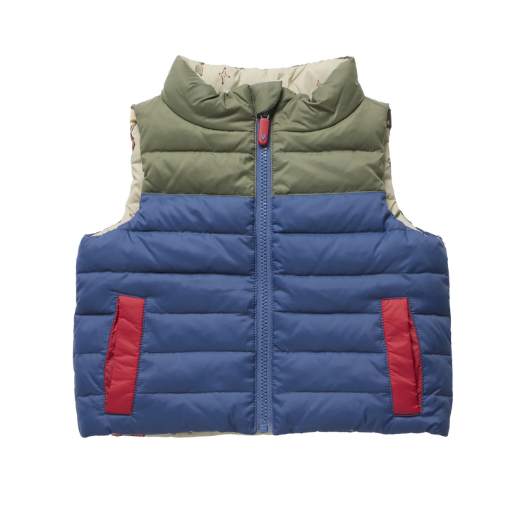 Boys Reversible Riley Vest Space Rocket blue and green quilted side with red pockets
