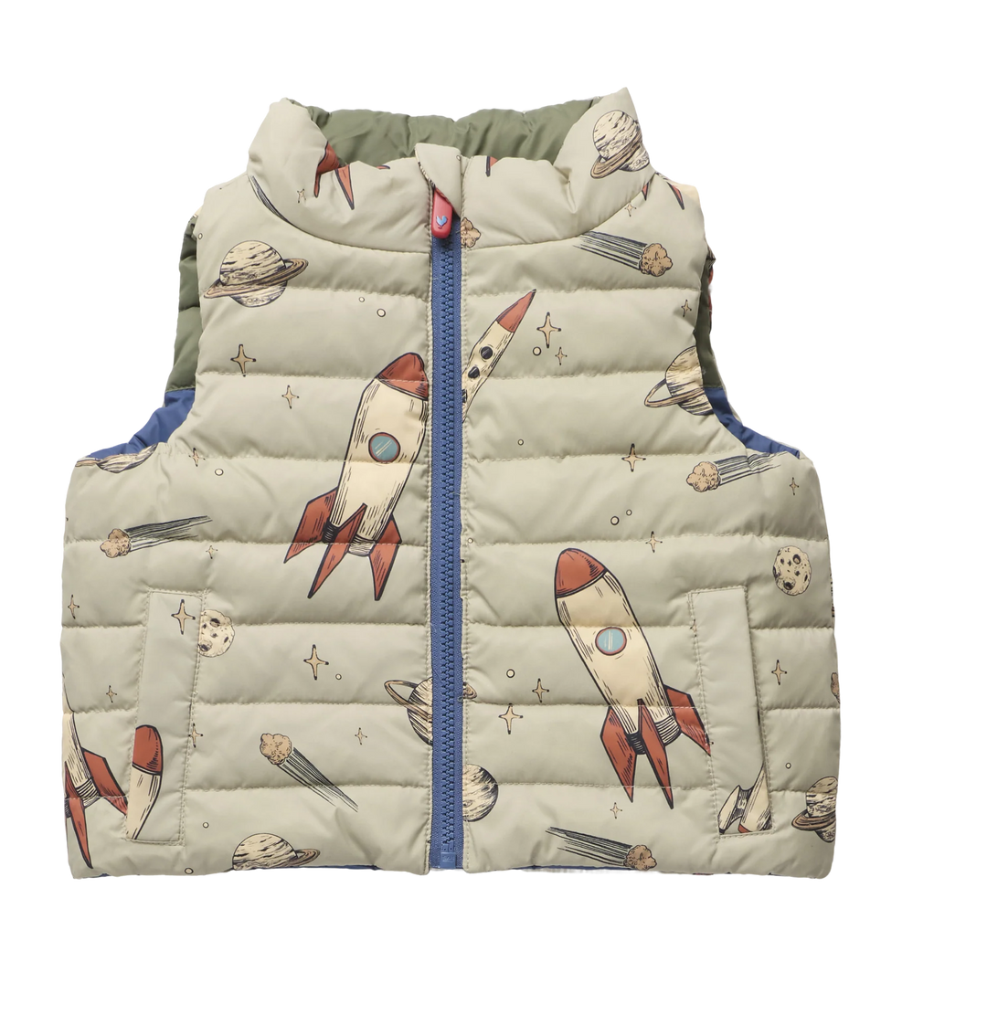 Boys Reversible Riley Vest Space Rocket quilted side with rockets planets and stars print