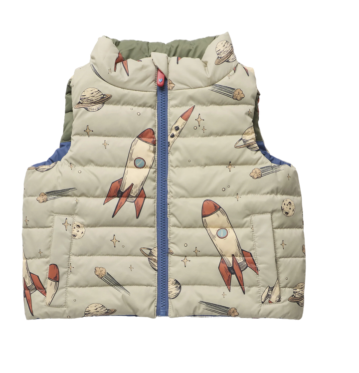 Boys Reversible Riley Vest Space Rocket quilted side with rockets planets and stars print