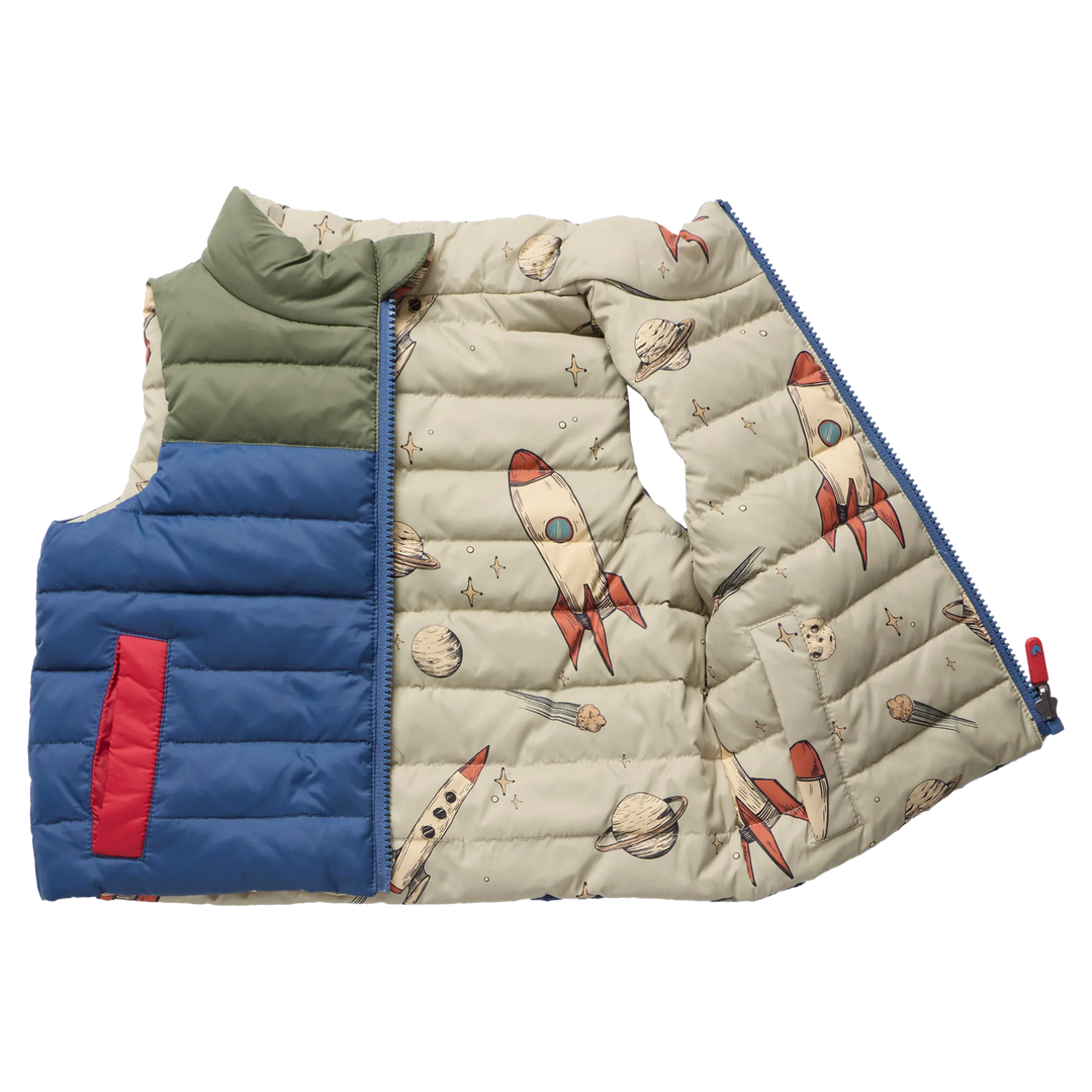 Boys Reversible Riley Vest Space Rocket opened to show blue exterior and rocket print reverse