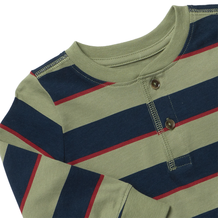 Close-up of boys striped Henley shirt featuring an olive green neckline, navy and red stripes, button placket, and contrast stitching.