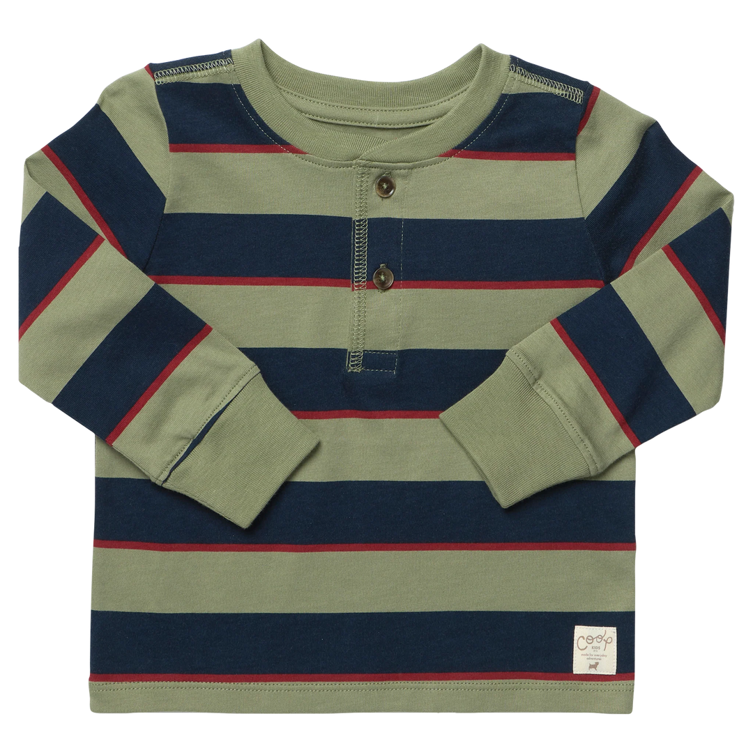 Boys olive green and navy striped long sleeve Henley shirt with thin red stripes, two-button neckline, and ribbed cuffs.