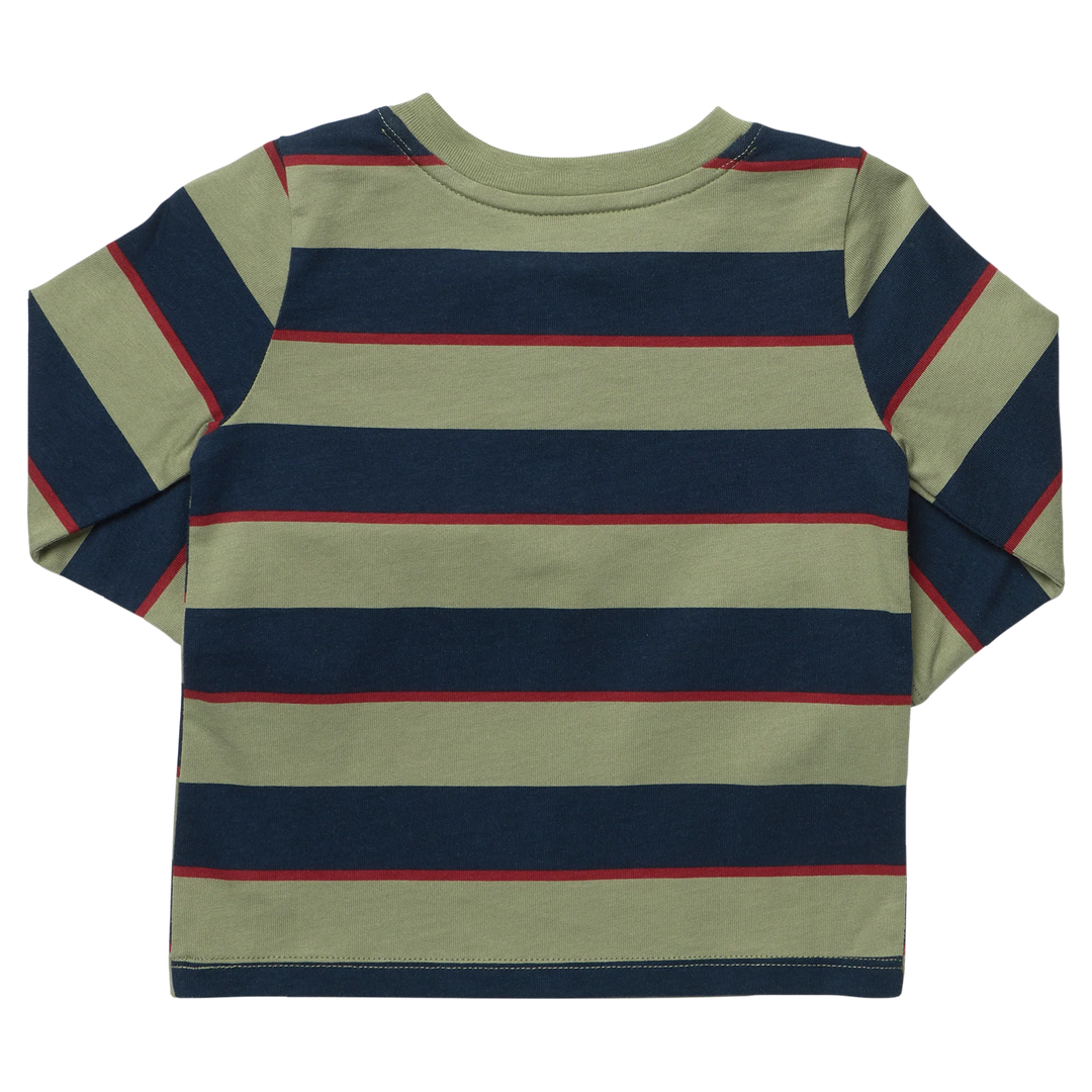 Back view of boys long sleeve Henley shirt with wide olive green and navy horizontal stripes accented by thin red stripes.