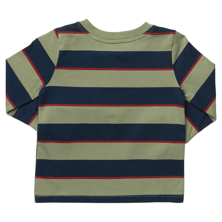 Back view of boys long sleeve Henley shirt with wide olive green and navy horizontal stripes accented by thin red stripes.