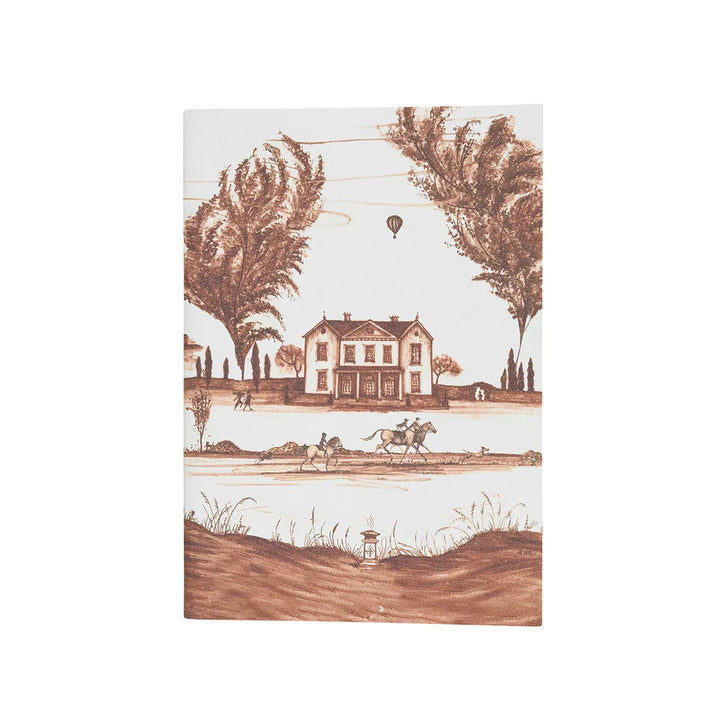 Brown and white toile journal featuring a countryside estate, horseback riders, trees and a hot air balloon