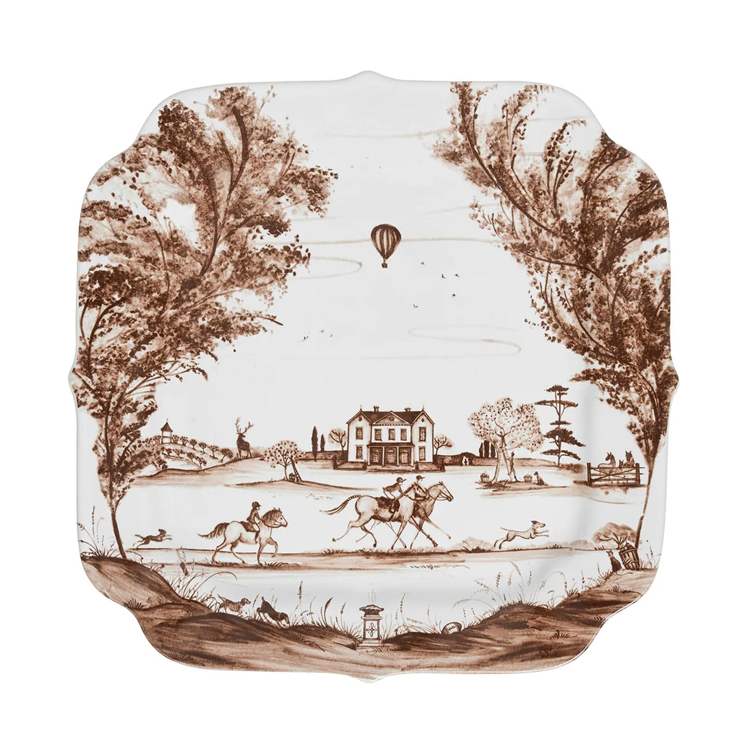 Brown toile square serving platter with scalloped edges and detailed pastoral equestrian landscape scene