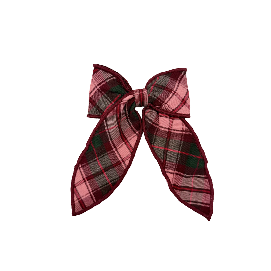 Pink Chicken Burgundy Tartan Long Tail Bow featuring blush pink, burgundy, and forest green plaid with burgundy edging and elegant pointed tails.