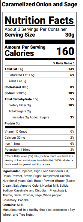 Nutrition facts and ingredients for Caramelized Onion + Sage Hand-Crafted Popcorn