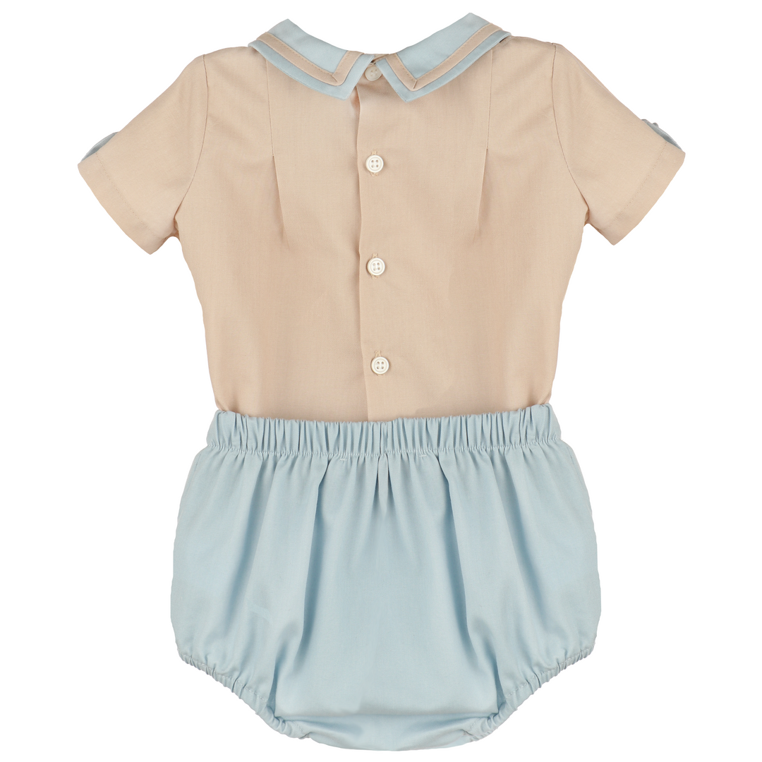 Back view of Chambray &amp; Oatmeal baby boy bloomer set featuring button-back oatmeal top, chambray collar, and elastic waist bloomers.