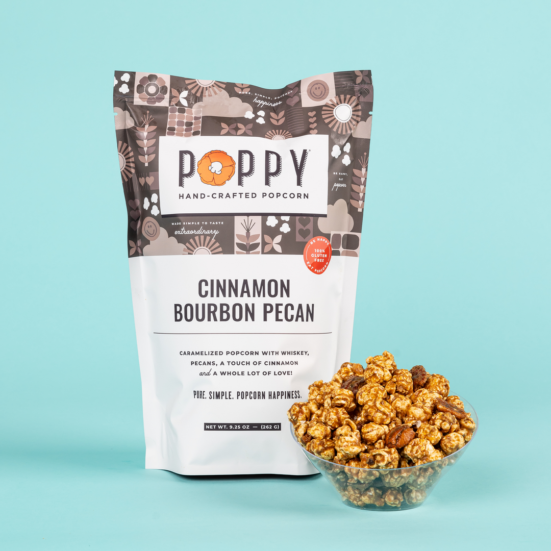 Poppy Cinnamon Bourbon Pecan Popcorn with a bowl of caramelized popcorn and pecans