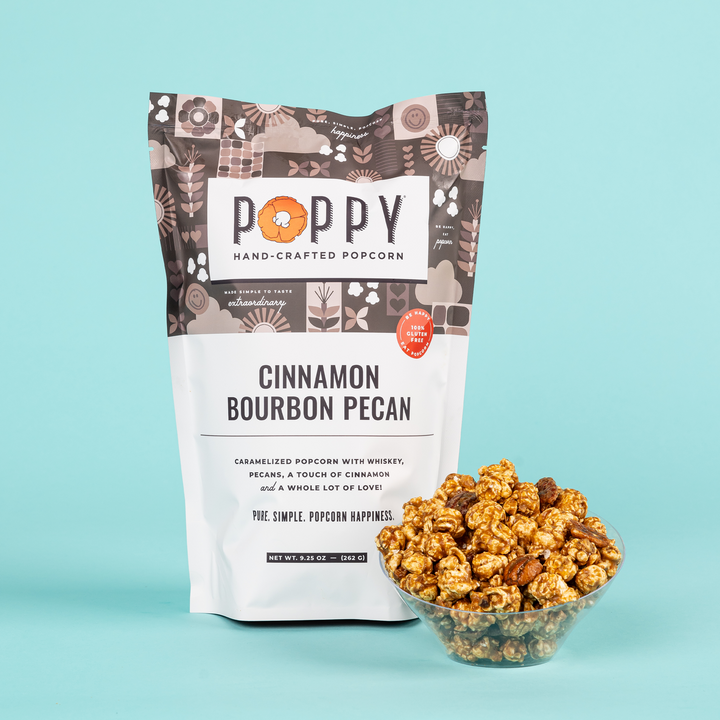 Poppy Cinnamon Bourbon Pecan Popcorn with a bowl of caramelized popcorn and pecans