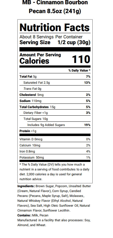 Nutrition facts and ingredients for Cinnamon Bourbon Pecan Hand-Crafted Popcorn