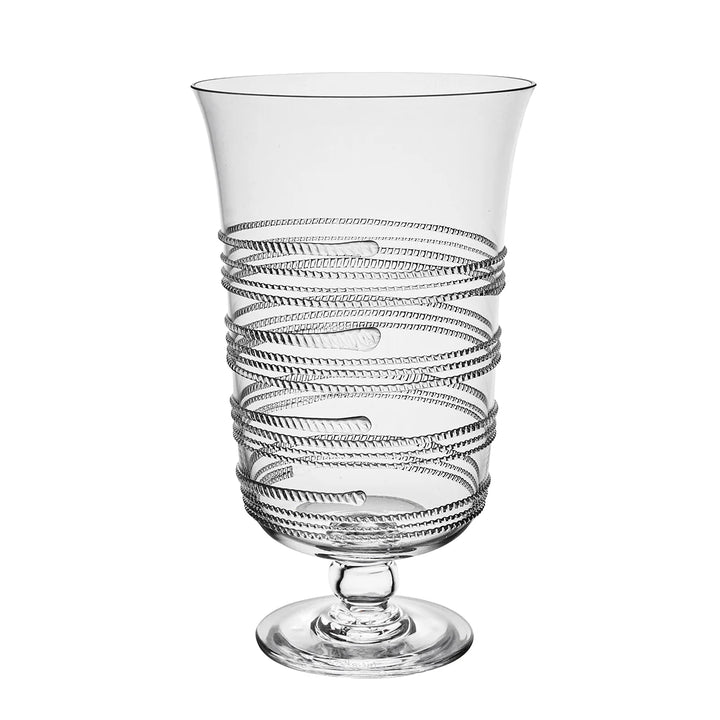 Clear footed glass hurricane candle holder and vase featuring decorative textured glass bands