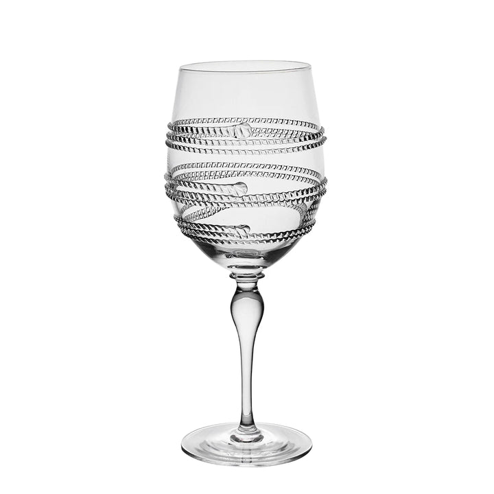 Clear stemmed wine glass featuring decorative raised glass bands wrapped around the bowl