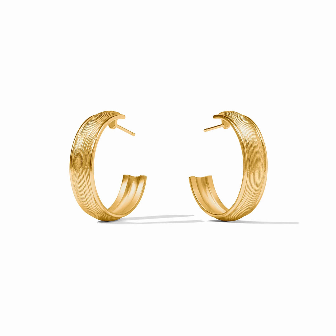 Front view of gold Cobblestone Hoop Earrings with linear texture