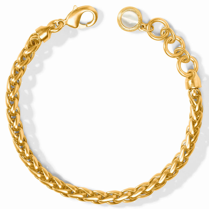 Overhead view of gold Cobblestone Link Bracelet with adjustable links and stone accent