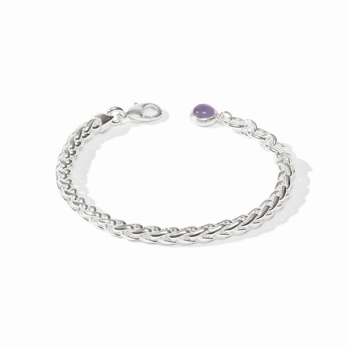 Silver Cobblestone Link Bracelet with woven chain and purple stone accent