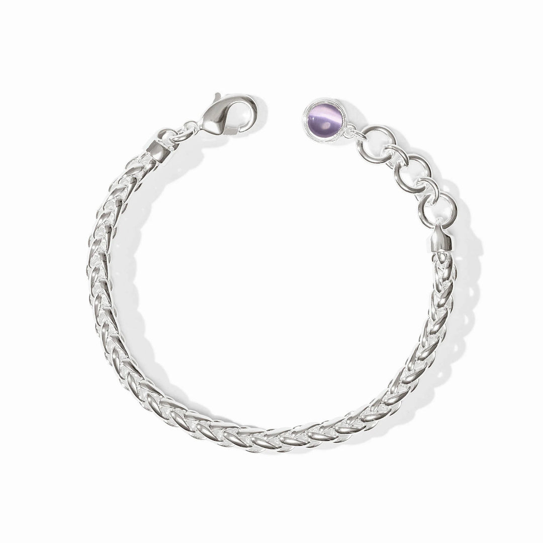 Overhead view of silver Cobblestone Link Bracelet with adjustable closure and purple stone accent