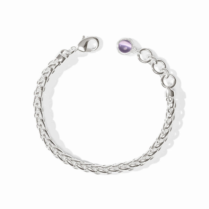 Overhead view of silver Cobblestone Link Bracelet with adjustable closure and purple stone accent