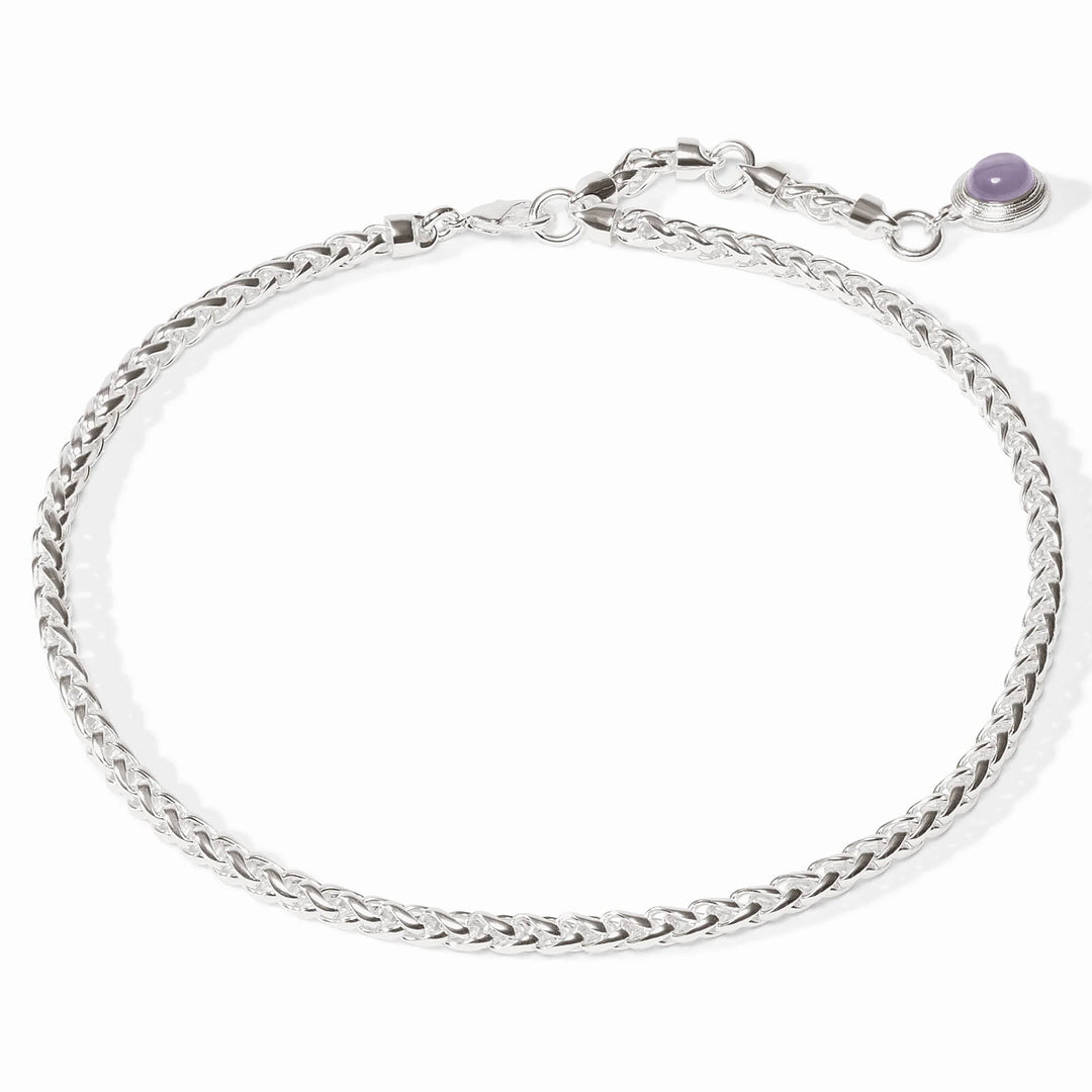 Overhead view of silver Cobblestone Link Necklace with adjustable chain and purple stone accent