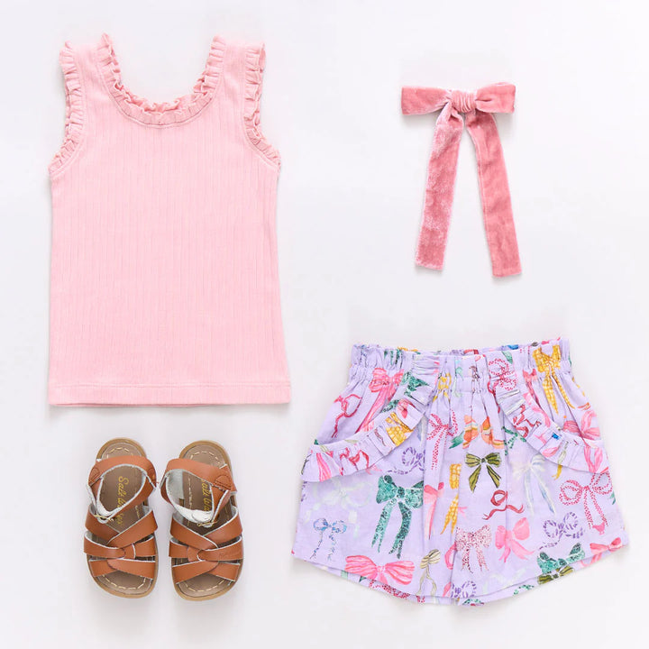 Girls Ruffle Theodore Short - Lavender Watercolor Bows