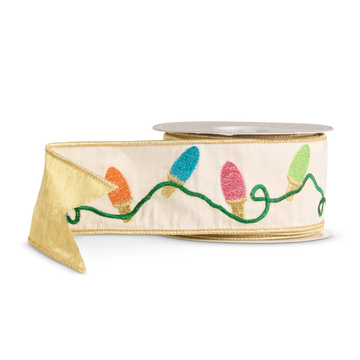 Cream wired Christmas ribbon featuring embroidered neon light bulbs in pink, turquoise, lime green and orange with a green cord, metallic gold trim and gold reverse.