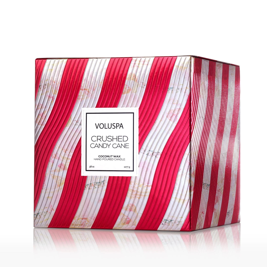 Crushed Candy Cane 3 Wick Hearth Candle holiday gift box with festive red and white candy cane stripes