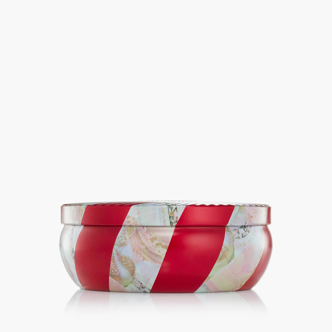 Crushed Candy Cane 3 Wick Tin Candle in decorative red and white peppermint-inspired Voluspa tin