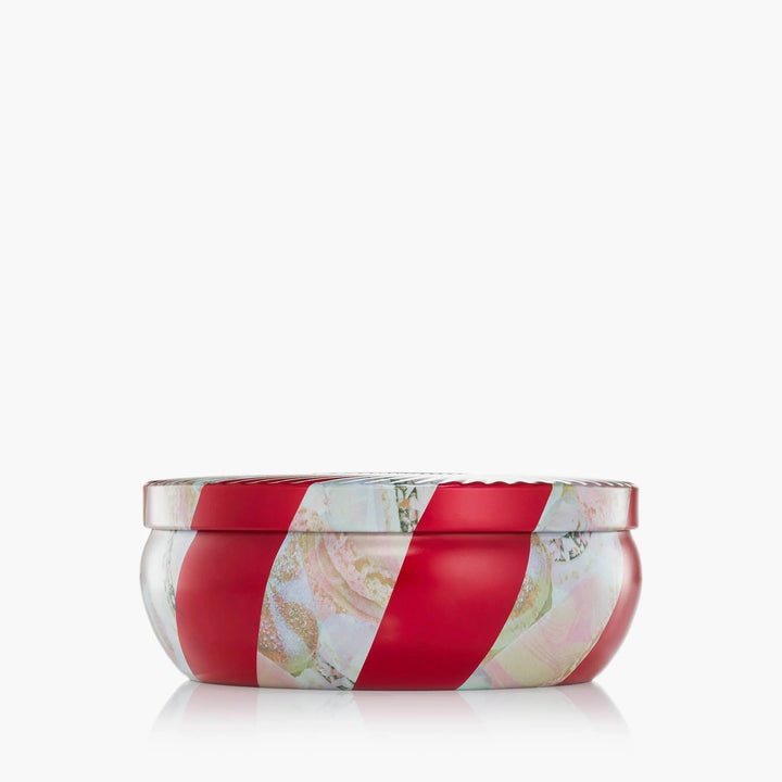 Crushed Candy Cane 3 Wick Tin Candle in decorative red and white peppermint-inspired Voluspa tin