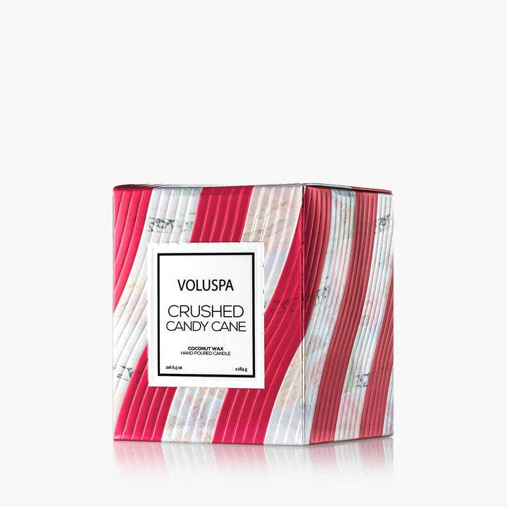 Voluspa Crushed Candy Cane Classic Candle gift box with festive red and white candy cane striped design