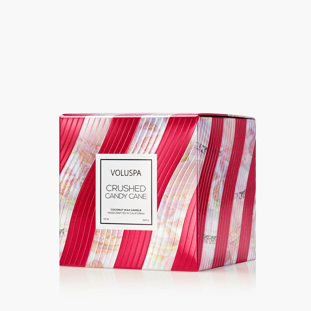 Crushed Candy Cane Luxe Classic Candle gift box with festive red and white striped holiday design