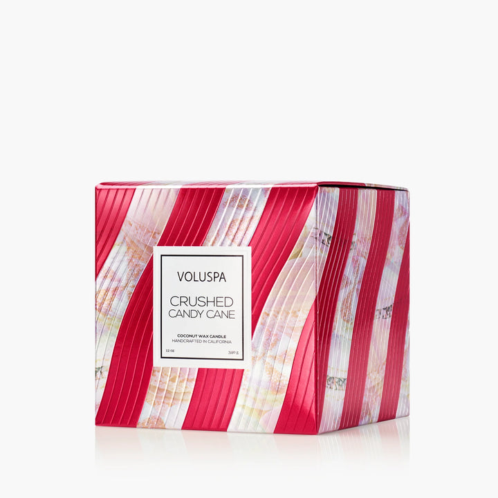 Crushed Candy Cane Luxe Classic Candle gift box with festive red and white striped holiday design