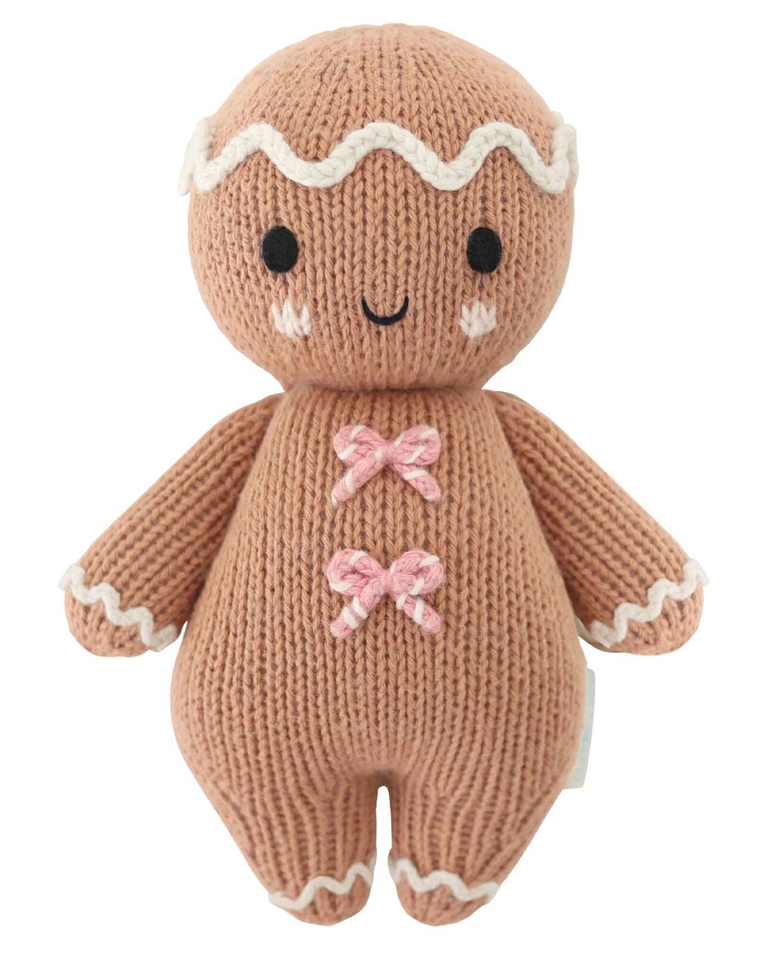 Flat image of the front of Cuddle + Kind's Baby Gingerbread Stuffed Toy in the color combination, candy swirl. 