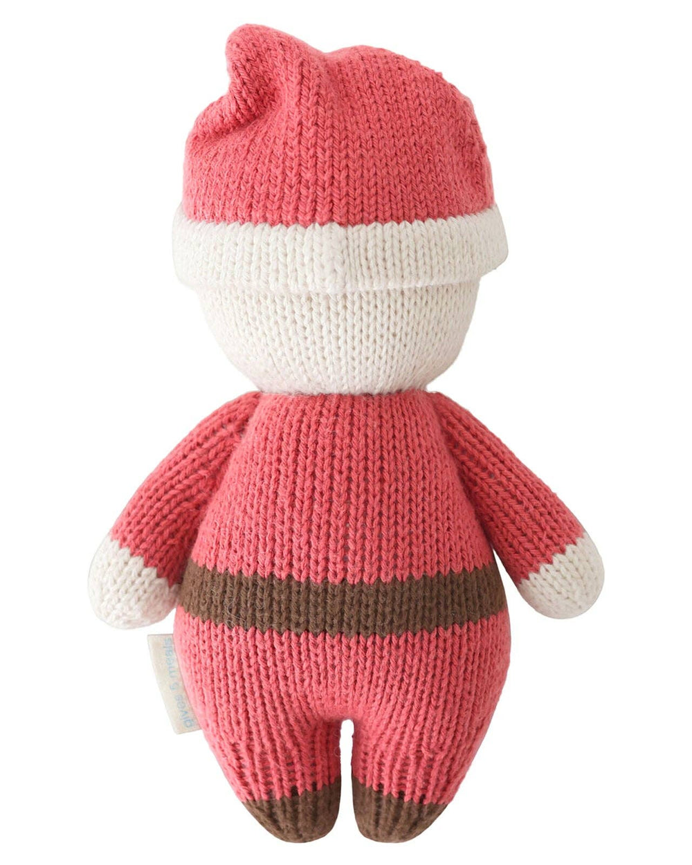 Flat image of the back of Cuddle+Kind's Baby Santa (jolly red) on a clean white background