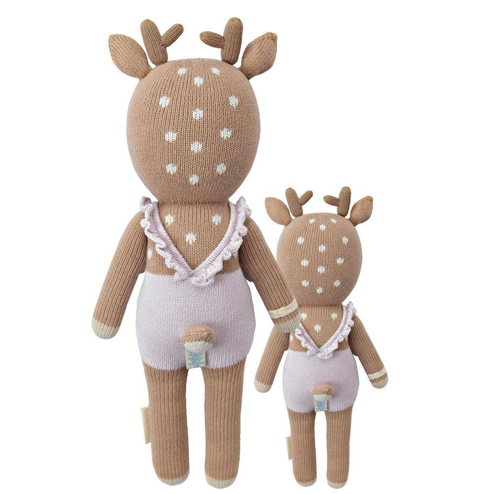 Flat image of the back of both sizes of Cuddle+Kind's Violet the Fawn plush, on a white background