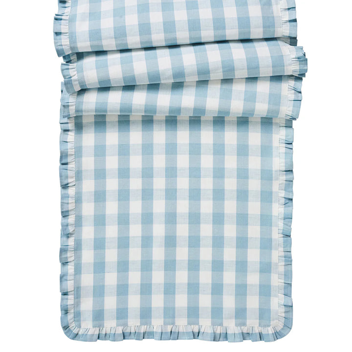 Gingham Ruffle 18" x 90" Table Runner - Ocean