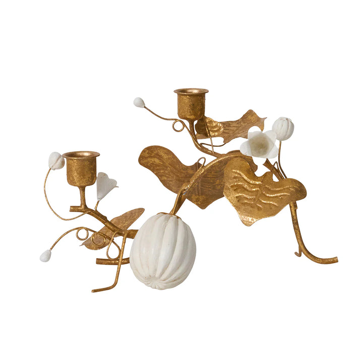 Forest Walk Pumpkin &amp; Vine Double Candlestick Holder - Gold