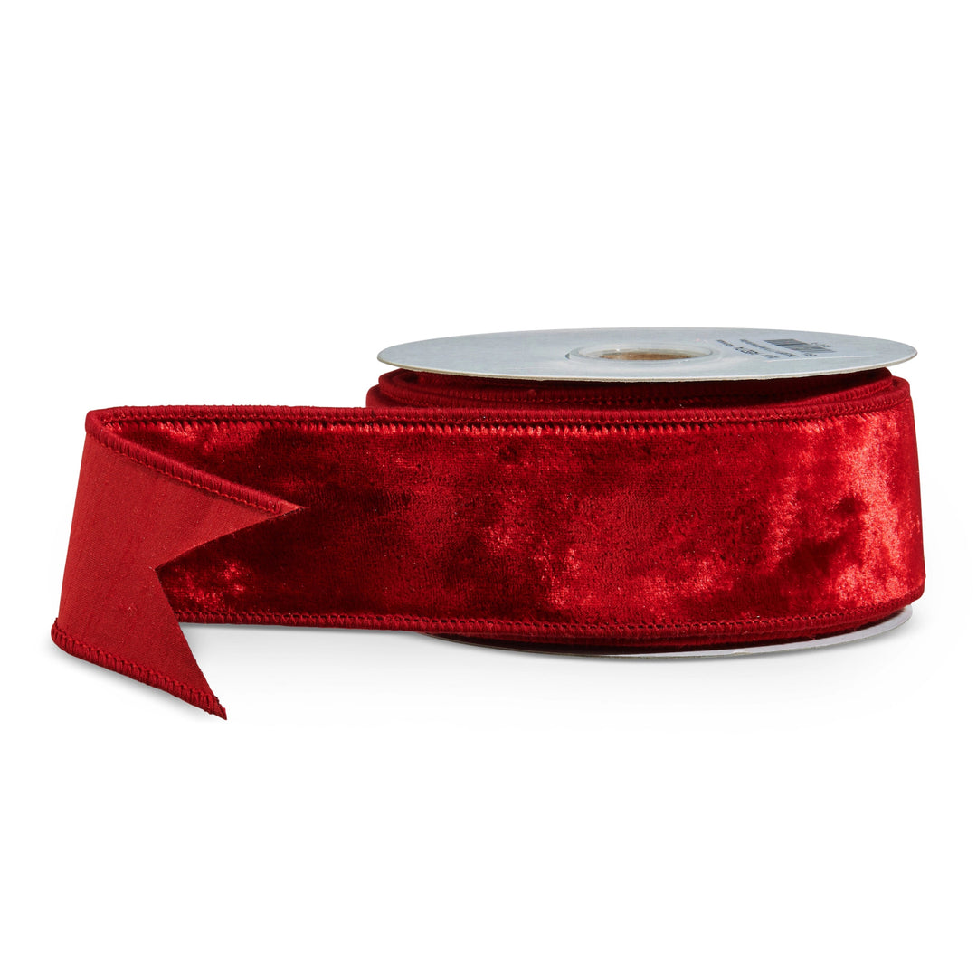 Deep red velvet wired ribbon featuring a rich, luxurious velvet texture, 2.5 inches wide and 10 yards long, perfect for Christmas wreaths, holiday bows, Christmas trees, garlands, gift wrapping, and seasonal decorating.