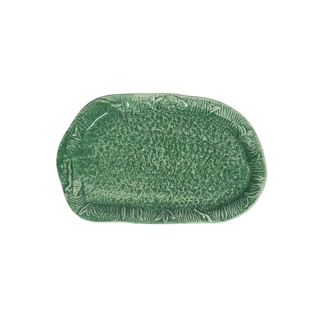 Green ceramic butter dish tray with textured woodland foliage details designed to pair with the sculpted deer cover.