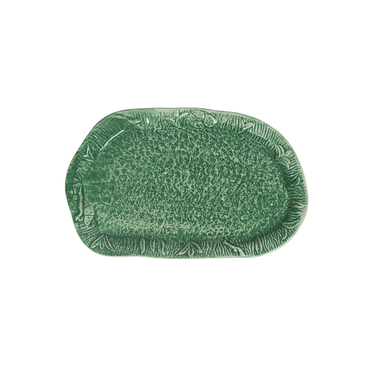 Green ceramic butter dish tray with textured woodland foliage details designed to pair with the sculpted deer cover.