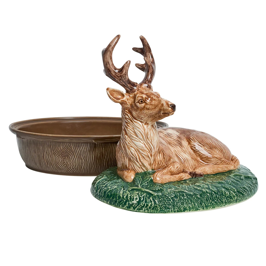 Deer covered serving dish shown with the sculpted stag and green woodland lid removed from the brown oval serving bowl.