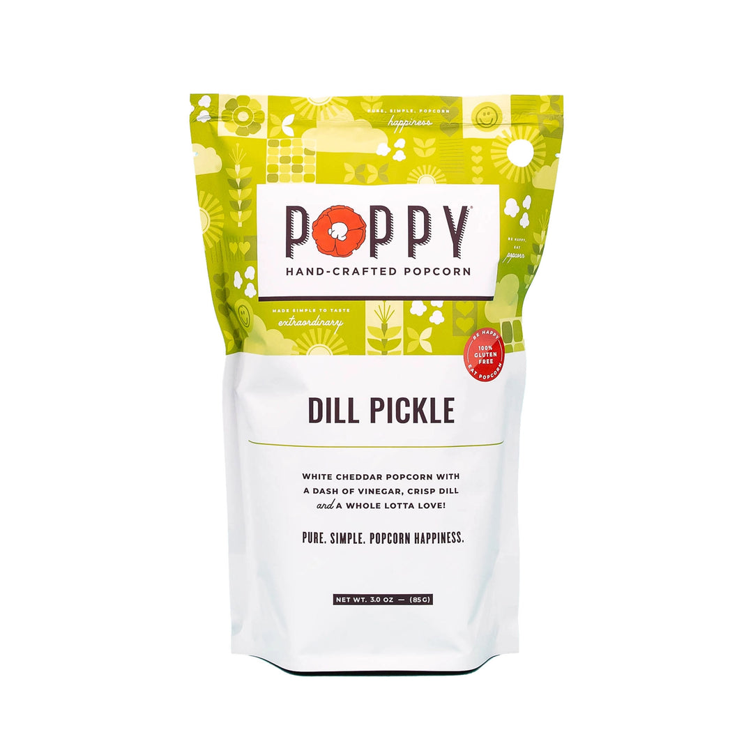 Poppy Dill Pickle Hand-Crafted Popcorn bag with white cheddar, vinegar and dill flavor