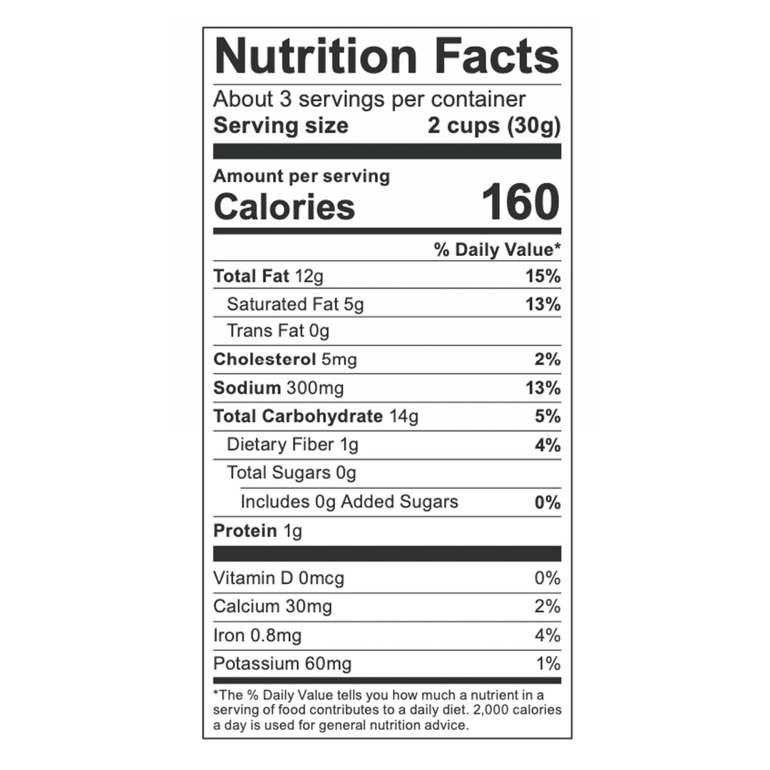 Nutrition facts for Poppy Dill Pickle Hand-Crafted Popcorn