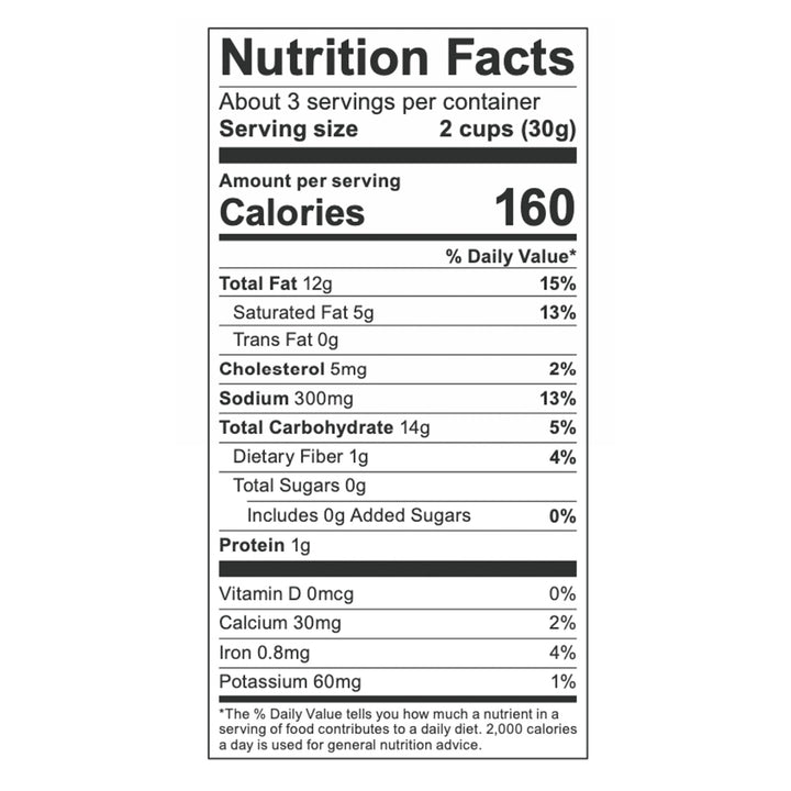 Nutrition facts for Poppy Dill Pickle Hand-Crafted Popcorn