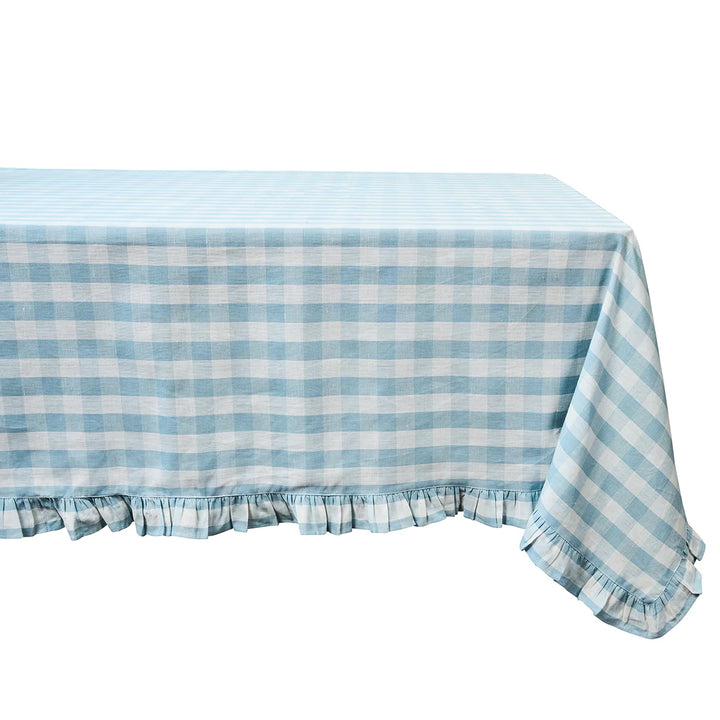 Gingham Ruffle 60" x 120" Tablecloth - Ocean
