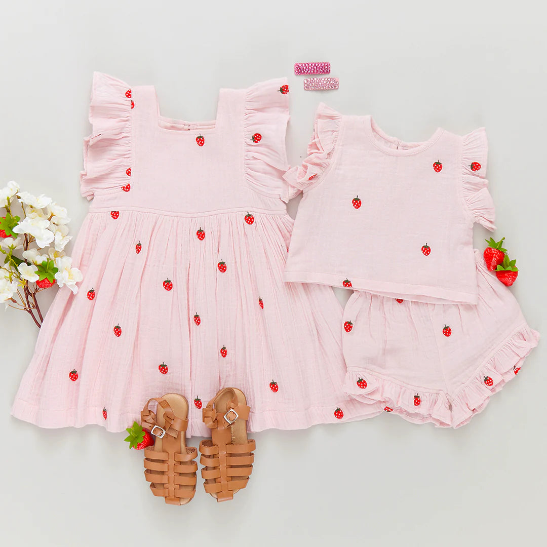Girls Elsie Dress - Strawberry Embroidery