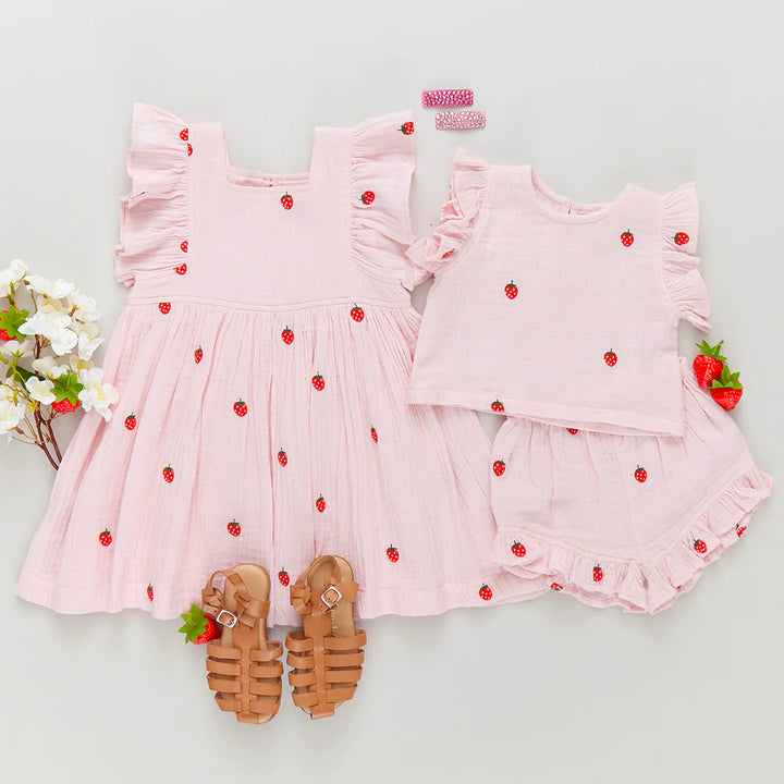 Girls Elsie Dress - Strawberry Embroidery