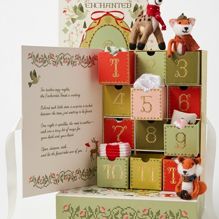 Shot of Musee's Enchanted Forest Bath & Body Advent Calendar Gift Set, with an open sneak peak of whats inside a few of the drawers. 